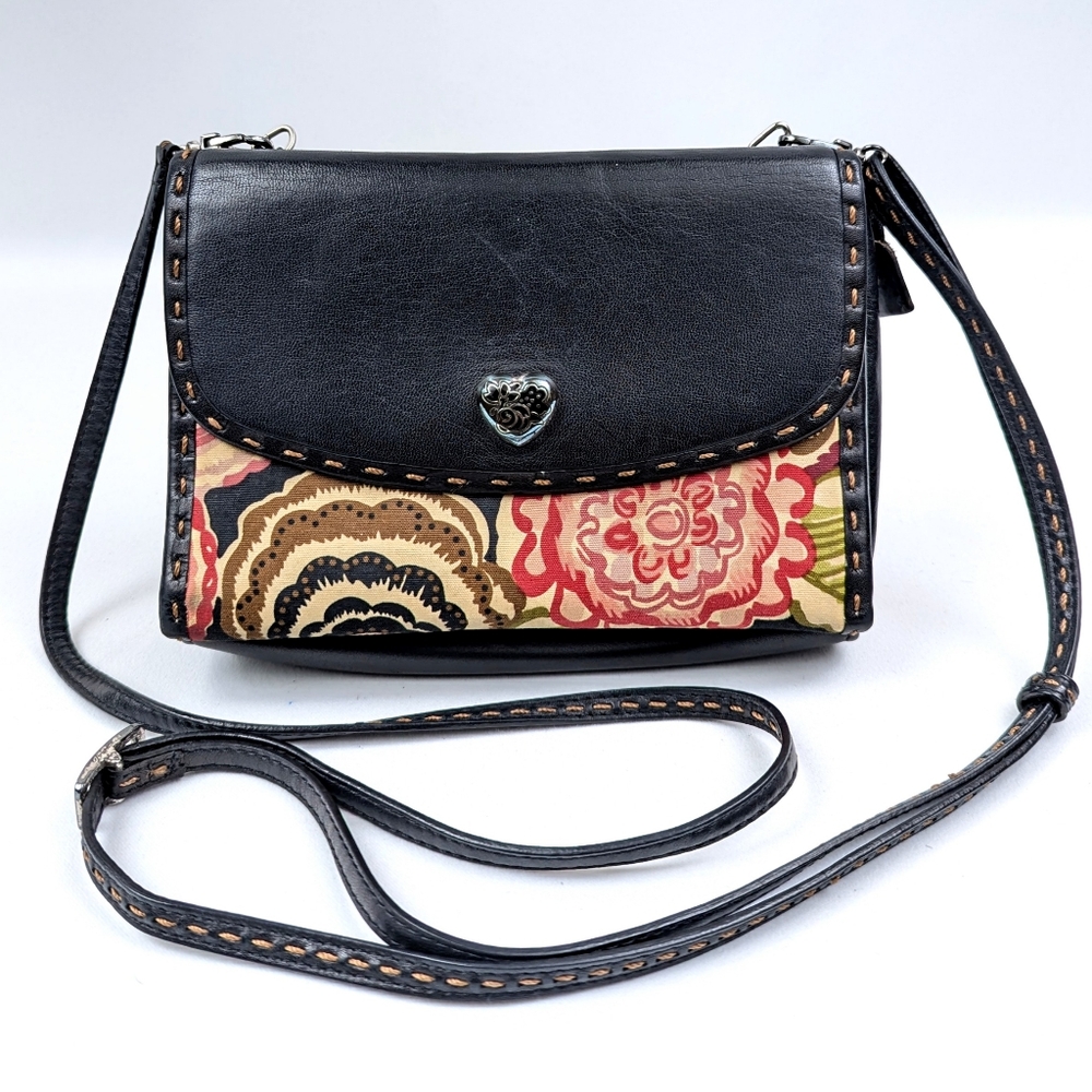 Brighton Crossbody Purse Organizer Wallet Clutch Leather & Floral Fabric Bloom